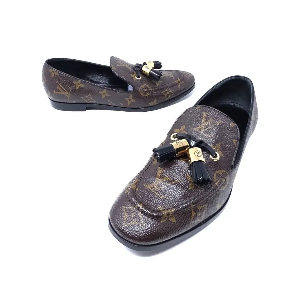 Louis Vuitton Monogram Tassel Loafers Society Canvas LV Logo Slip Flats 37.5 7.5